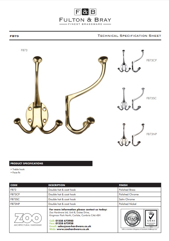 Zoo Hardware Fulton & Bray Double Hat & Coat Hook, Polished Chrome -