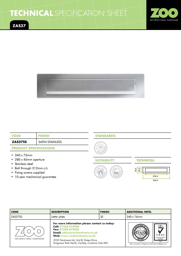 Zoo Hardware Zas Letter Plate (340Mm X 76Mm), Satin Stainless Steel