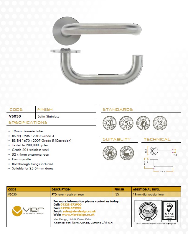 Zoo Hardware Vier Rtd Lever On Round Rose, Satin Stainless Steel (Sold In Pairs)