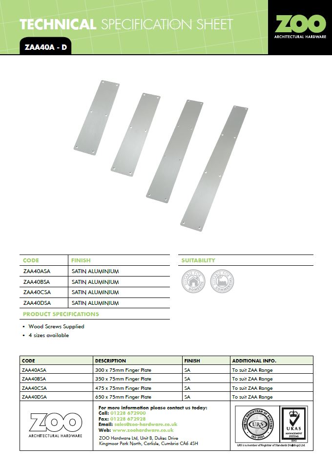 Zoo Hardware Architectural Aluminium Finger Plates (75Mm - 300Mm To 650Mm, Satin Aluminium
