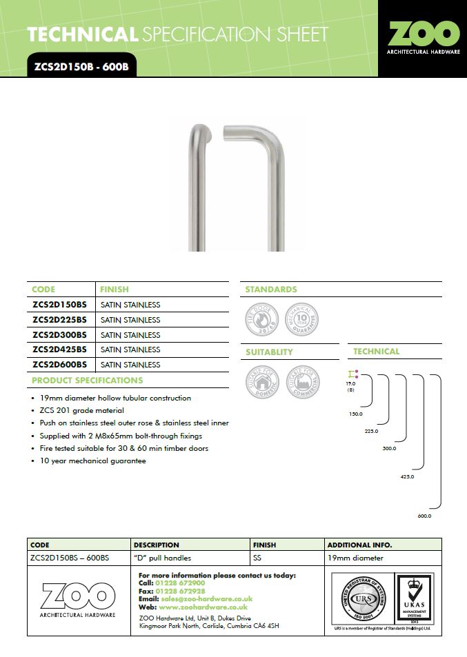 Zoo Hardware Zcs2 Contract D Pull Handles (19Mm Or 22Mm Bar Diameter), Satin Stainless Steel