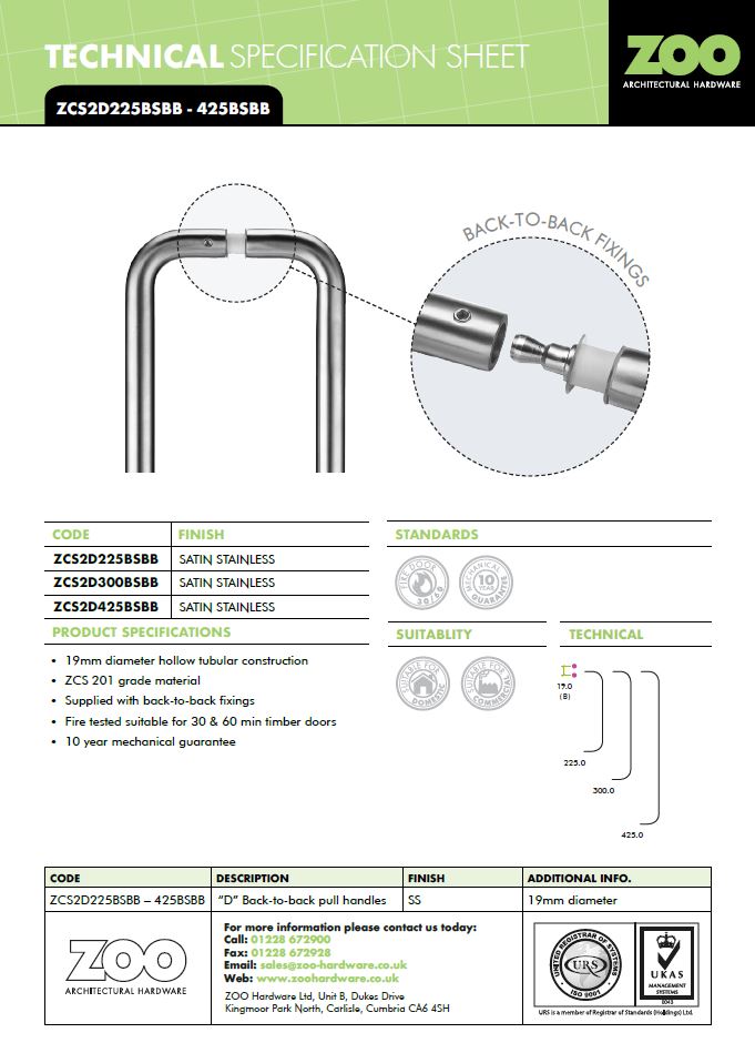 Zoo Hardware Zcs2D Contract Back To Back Pull Handles (19Mm Bar Diameter), Satin Stainless Steel