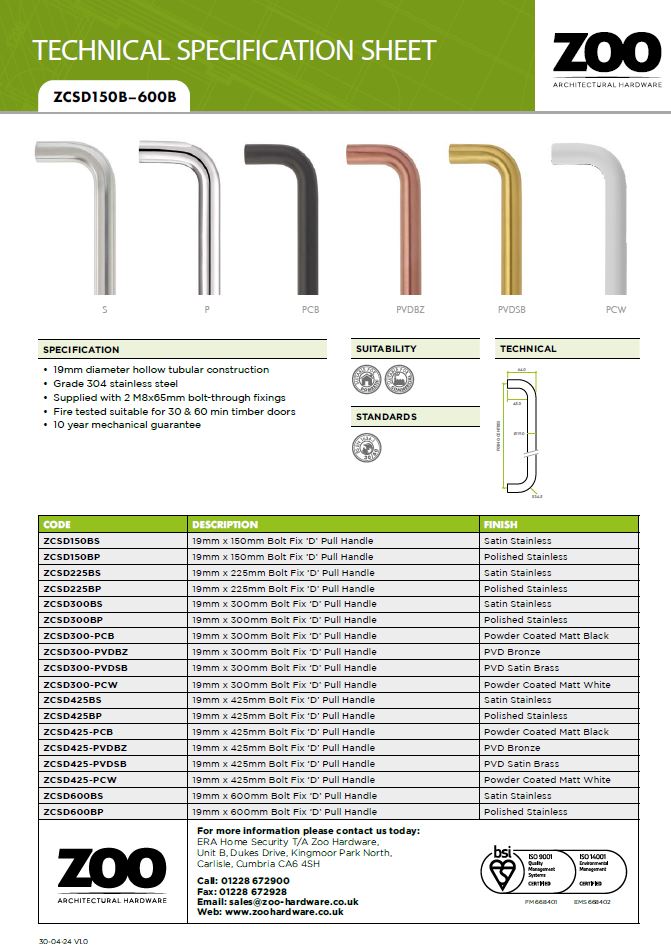 Zoo Hardware Zcsd Architectural D Pull Handle (19Mm Or 21Mm Bar Diameter), Satin Stainless Steel
