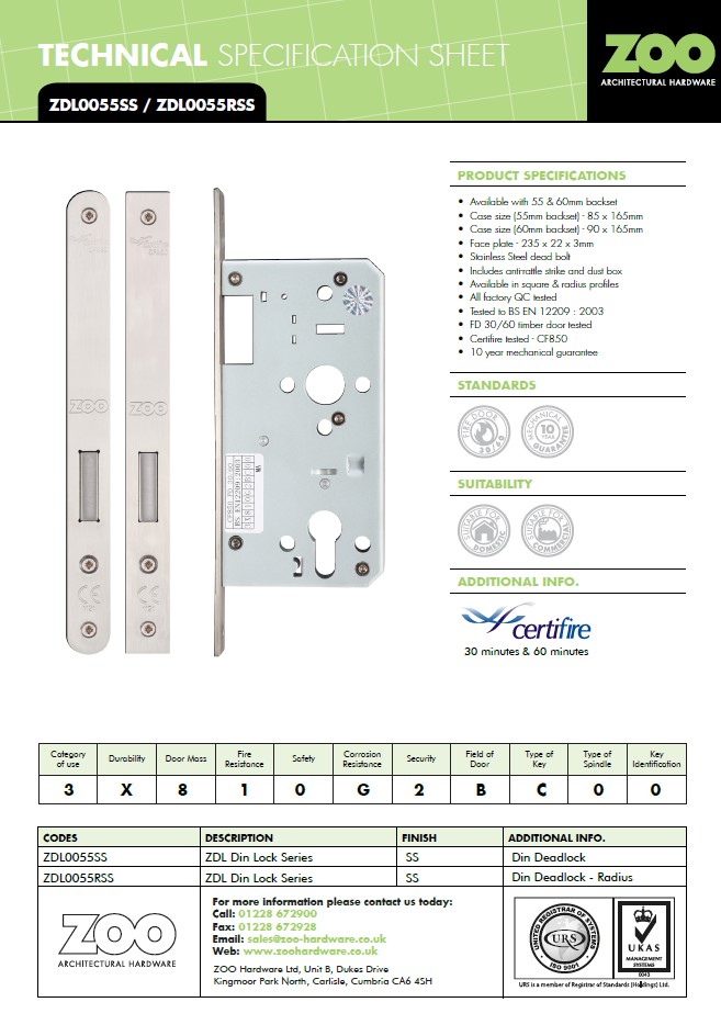 Zoo Hardware Vier 72Mm C/C Din Dead Lock (Square Or Radius Profile), Satin Stainless Steel