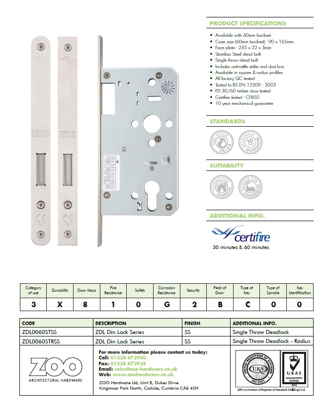 Zoo Hardware Vier 72Mm C/C Din Single Throw Dead Lock (Square Or Radius Profile), Satin Stainless Steel