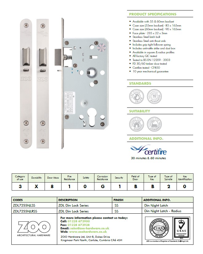Zoo Hardware Vier 72Mm C/C Din Night Latch (Square Or Radius Profile), Satin Stainless Steel