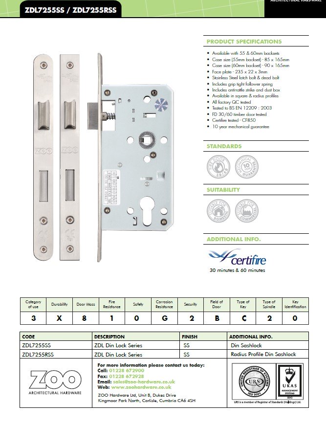 Zoo Hardware Vier 72Mm C/C Euro Sash Din Lock (Square Or Radius Profile), Satin Stainless Steel