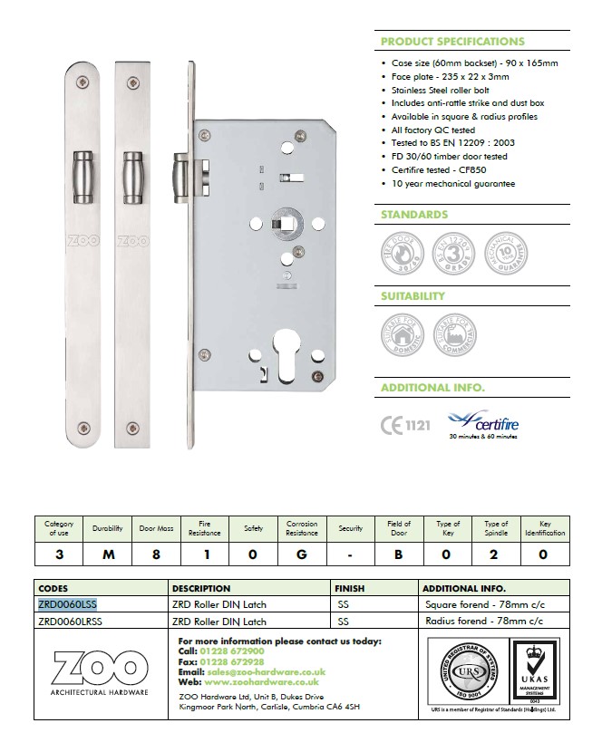 Zoo Hardware Vier 72Mm C/C Din Roller Latch (Square Or Radius Profile), Satin Stainless Steel