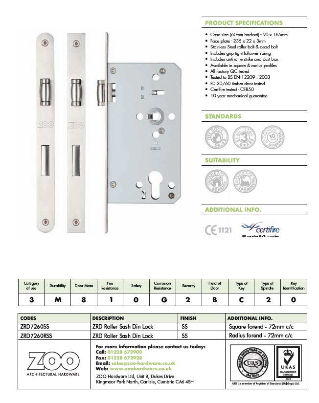 Zoo Hardware Vier 72Mm C/C Din Roller Sash Lock (Square Or Radius Profile), Satin Stainless Steel