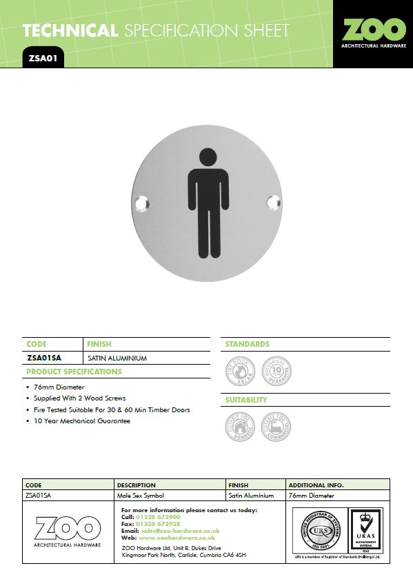 Zoo Hardware Zsa Door Sign - Male Sex Symbol, Satin Aluminium