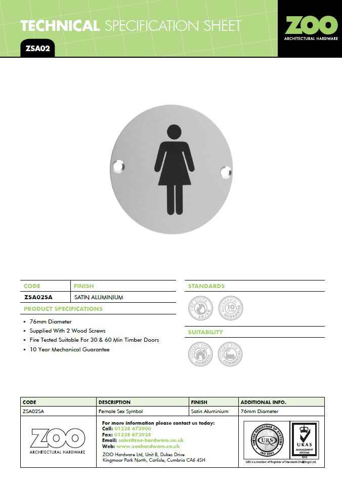 Zoo Hardware Zsa Door Sign - Female Sex Symbol, Satin Aluminium