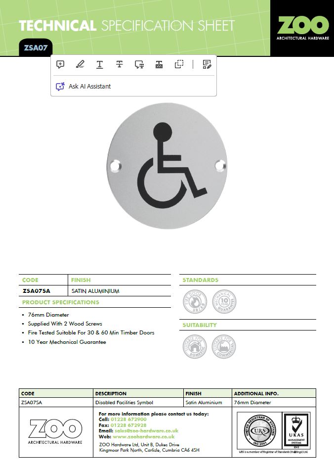 Zoo Hardware Zsa Door Sign - Disabled Facilities Symbol, Satin Aluminium