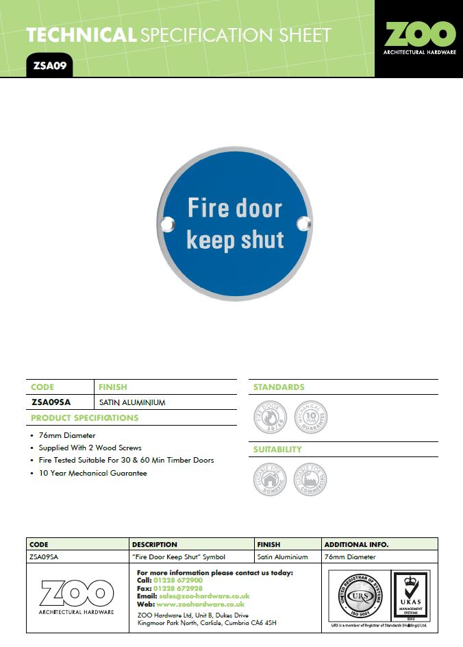 Zoo Hardware Zsa Door Sign - Fire Door Keep Shut, Satin Aluminium