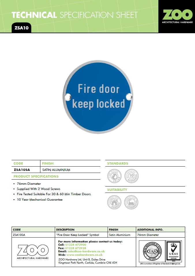 Zoo Hardware Zsa Door Sign - Fire Door Keep Locked, Satin Aluminium