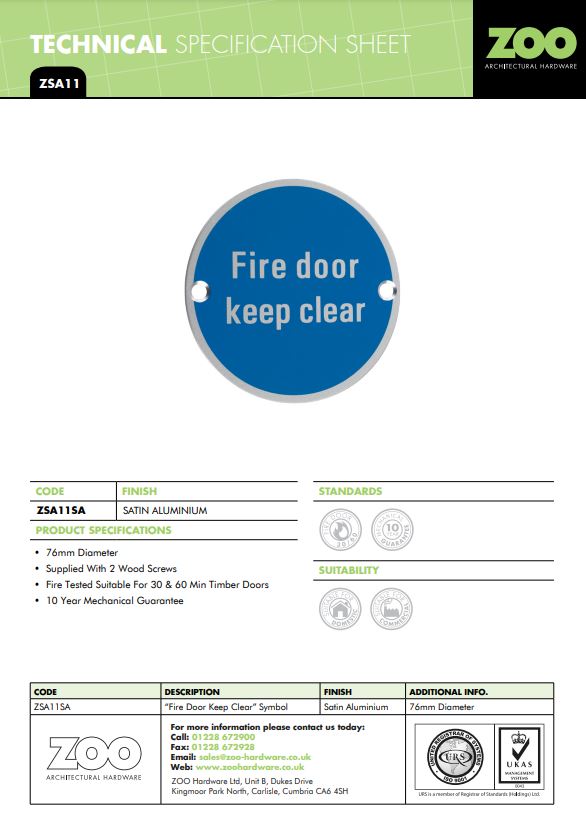 Zoo Hardware Zsa Door Sign - Fire Door Keep Clear, Satin Aluminium