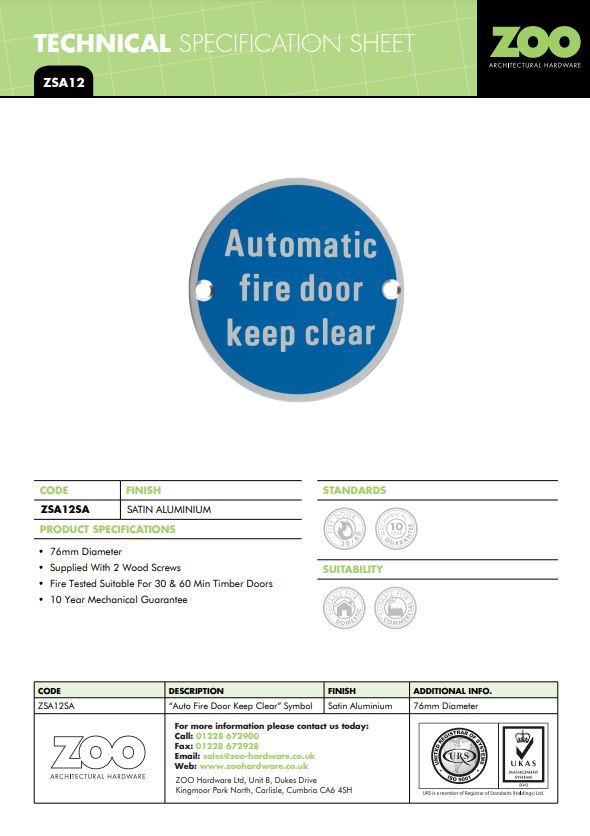 Zoo Hardware Zsa Door Sign - Automatic Fire Door Keep Clear, Satin Aluminium
