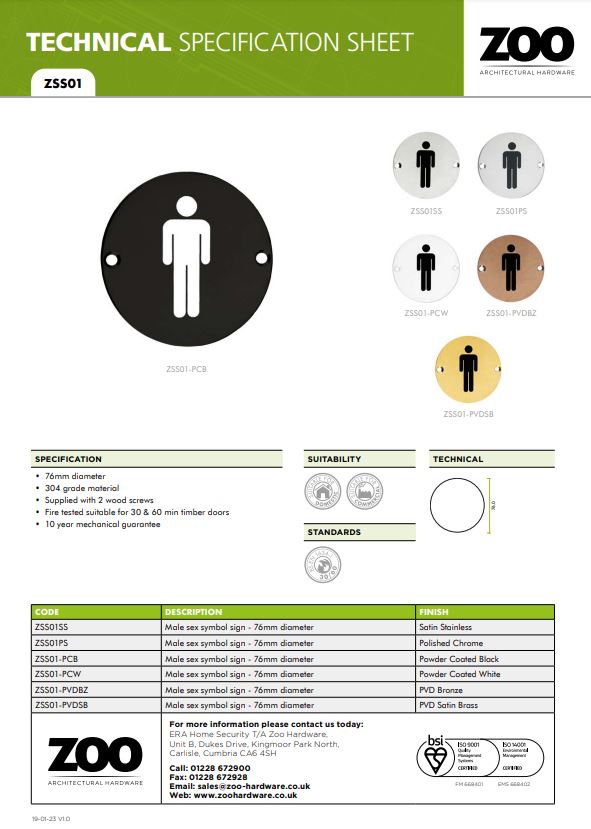 Zoo Hardware Zss Door Sign - Male Sex Symbol, Satin Stainless Steel