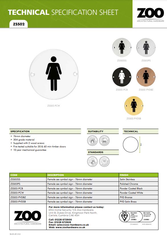 Zoo Hardware Zss Door Sign - Female Sex Symbol, Satin Stainless Steel