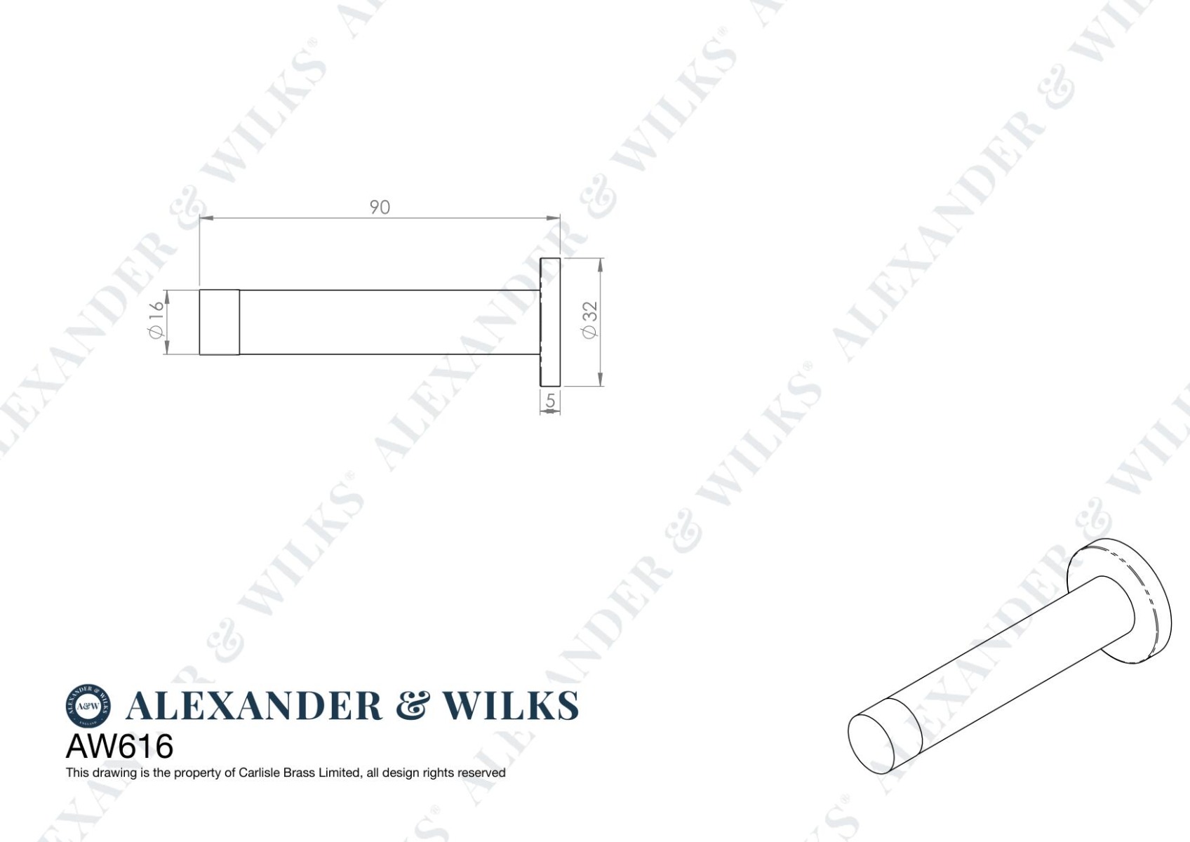 Alexander And Wilks Projection Cyl. Doorstop On Rose 75mm Polished Nickel AW616PN