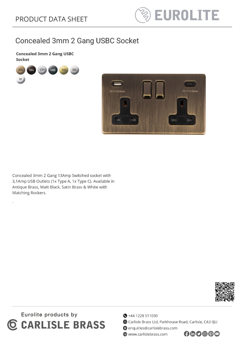 Eurolite Concealed 3mm 2 Gang 13Amp Switched Socket With Usb C Satin Brass - Satin Brass