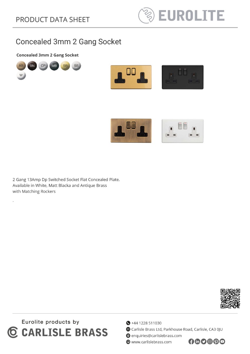 Eurolite Concealed 3mm 2 Gang 13Amp Dp Switched Socket - Stainless Steel