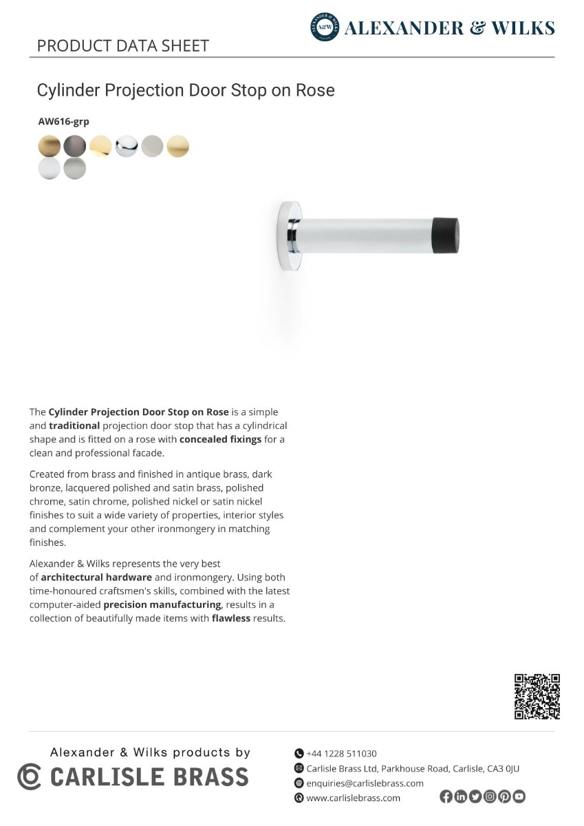 Alexander And Wilks Projection Cyl. Doorstop On Rose 75mm Polished Nickel AW616PN