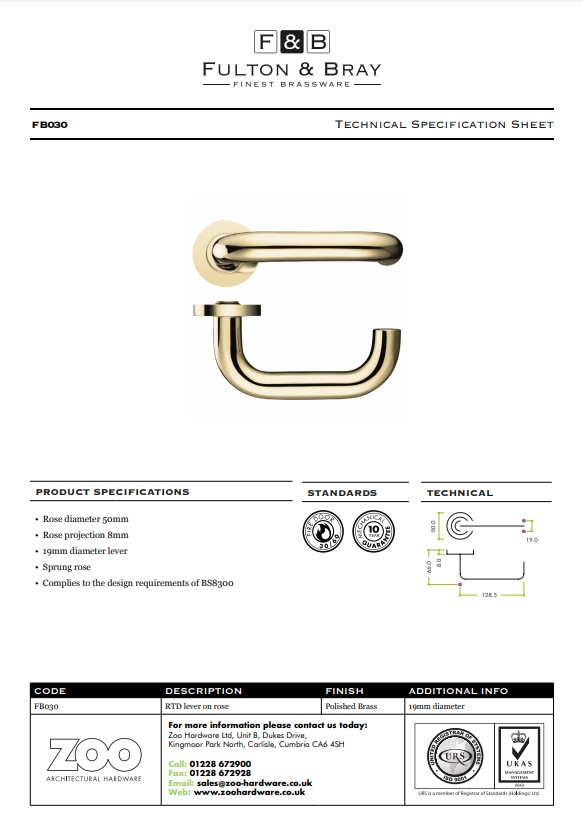 Zoo Hardware Fulton & Bray Rtd Lever On Round Rose, Polished Brass (Sold In Pairs)