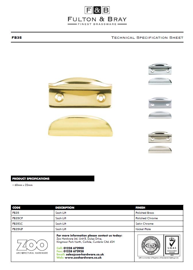 Zoo Hardware Fulton & Bray Window Sash Lift, Satin Chrome -