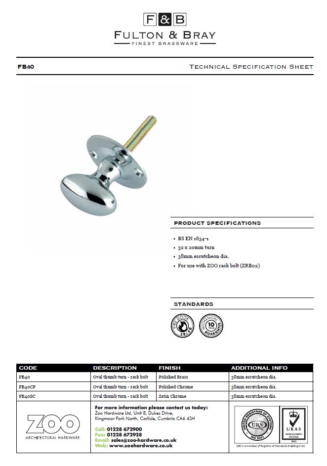 Zoo Hardware Fulton & Bray Oval Thumb Turn Rack Bolt (38Mm), Polished Chrome