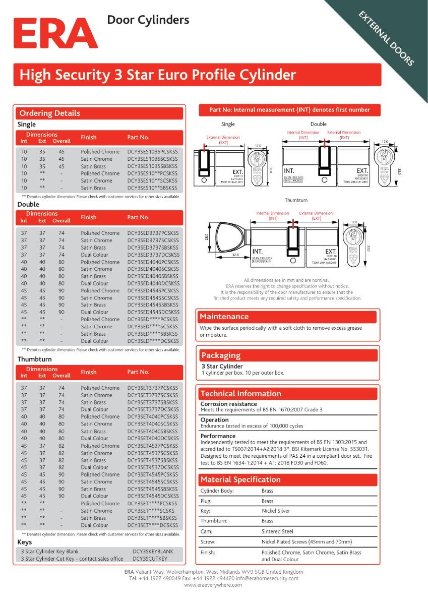 Era Kitemark 35-35 Euro Cylinder and turn Under Master keyed Satin Chrome