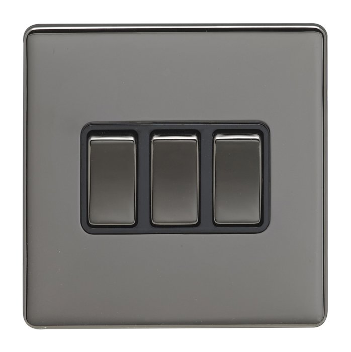 Eurolite Ecbn3Swbnb 3 Gang 10Amp 2Way Switch Concealed Black Nickel Plate Matching Rockers Black Trim