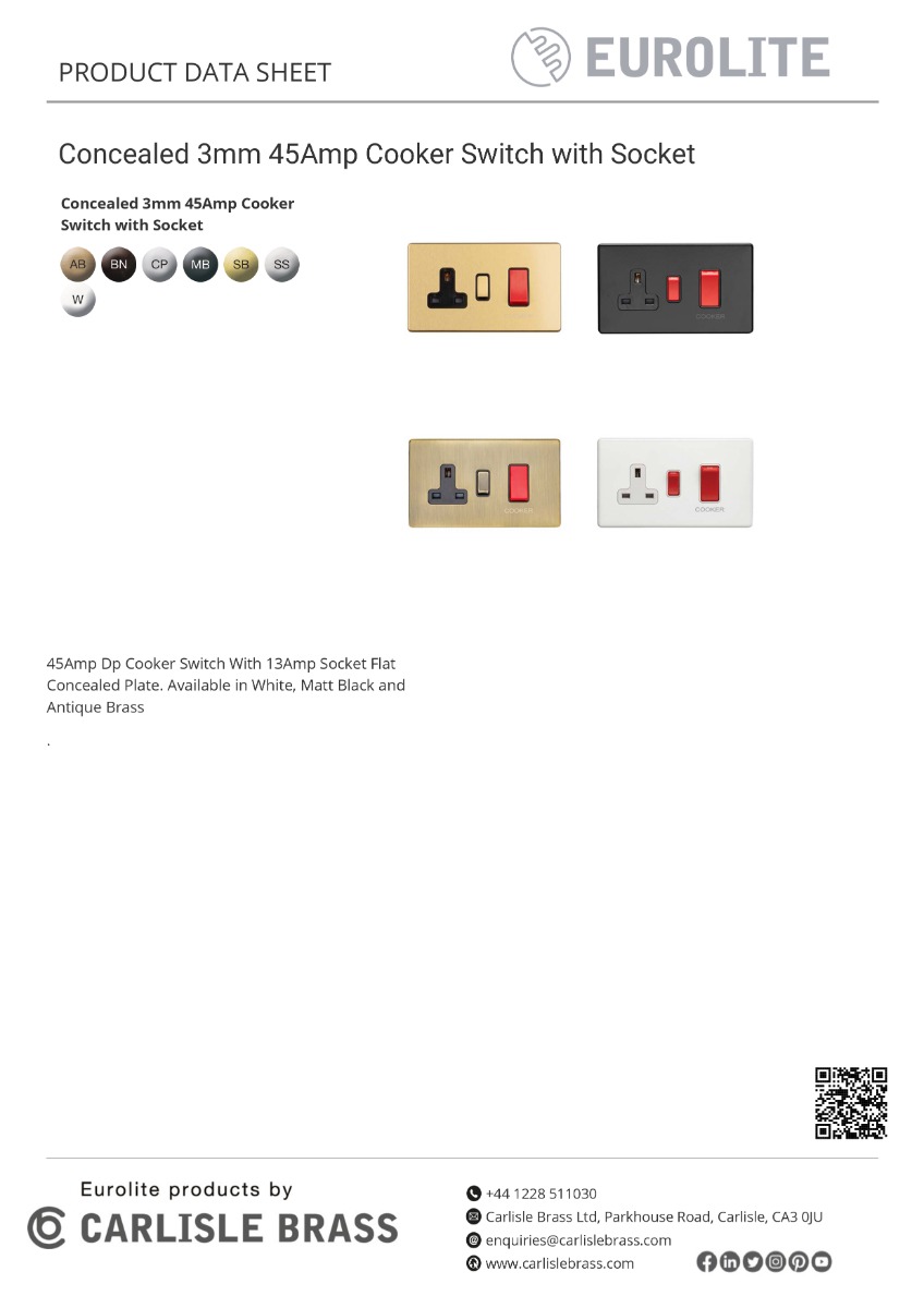 Eurolite Concealed 3mm 45Amp Dp Cooker Switch With 13Amp Socket - Black Nickel