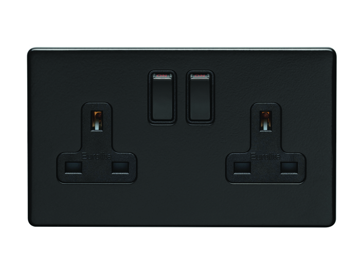 Eurolite Ecmb2Sob 2 Gang 13Amp Dp Switched Socket Flat Concealed Matt Black Plate Black Rockers