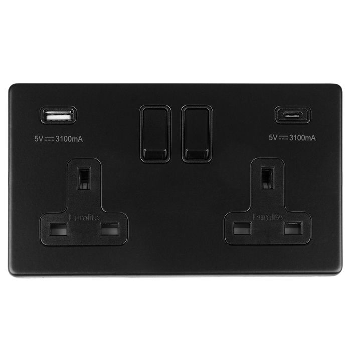 Eurolite Concealed 3mm 2 Gang 13Amp Switched Socket With Usb C Matt Black - Matt Black