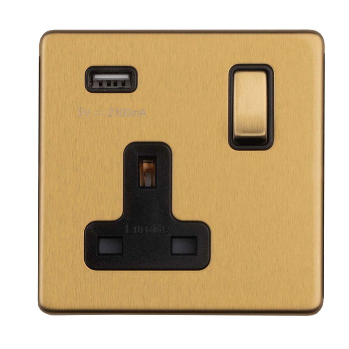 Eurolite Concealed 3mm 1 Gang Switched Socket With Usb - Satin Brass