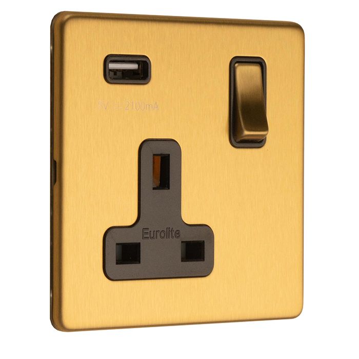 Eurolite Concealed 3mm 1 Gang Switched Socket With Usb - Satin Brass