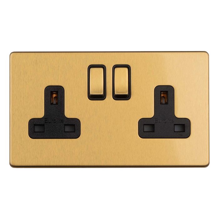 Eurolite Concealed 3mm 2 Gang 13Amp Switched Socket - Satin Brass