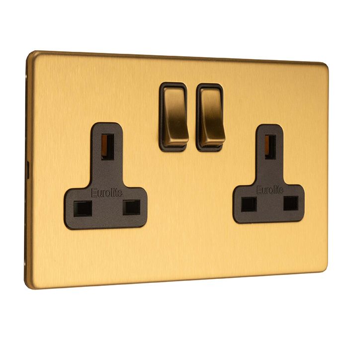 Eurolite Concealed 3mm 2 Gang 13Amp Switched Socket - Satin Brass