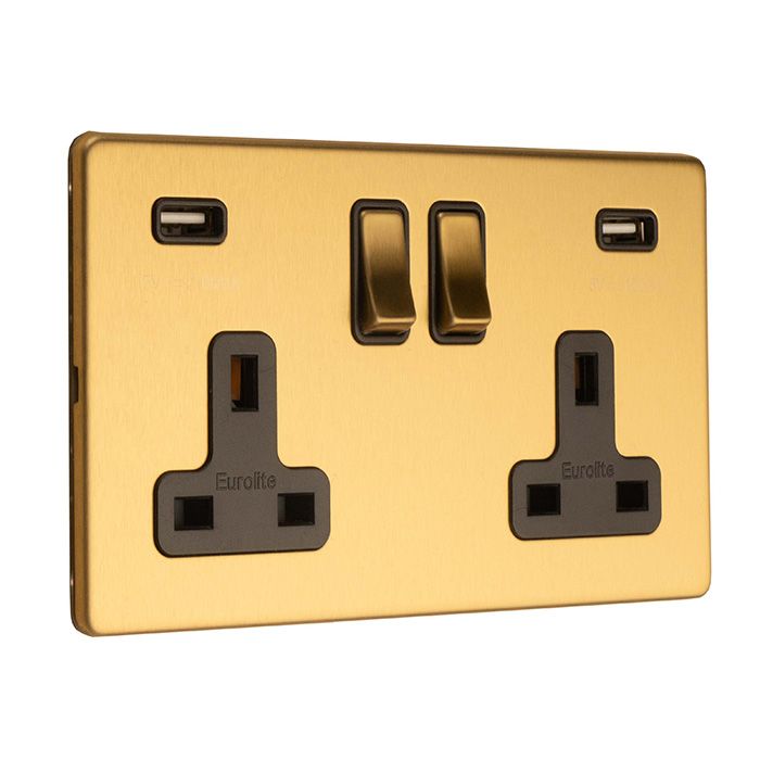Eurolite Concealed 3mm 2 Gang 13Amp Switched Socket With Usb - Satin Brass