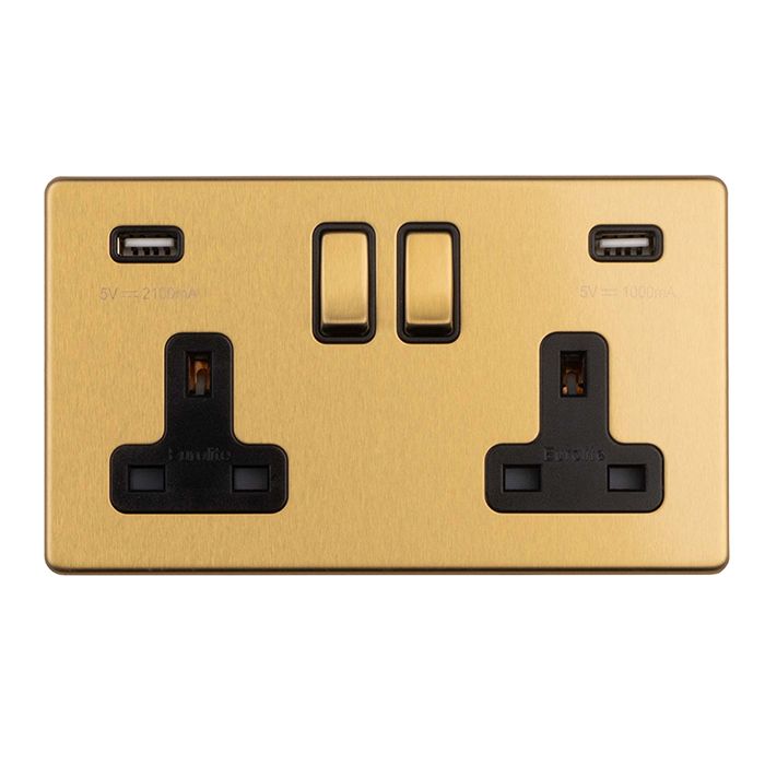 Eurolite Concealed 3mm 2 Gang 13Amp Switched Socket With Usb - Satin Brass