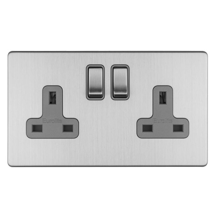 Eurolite Concealed 3mm 2 Gang 13Amp Dp Switched Socket - Stainless Steel