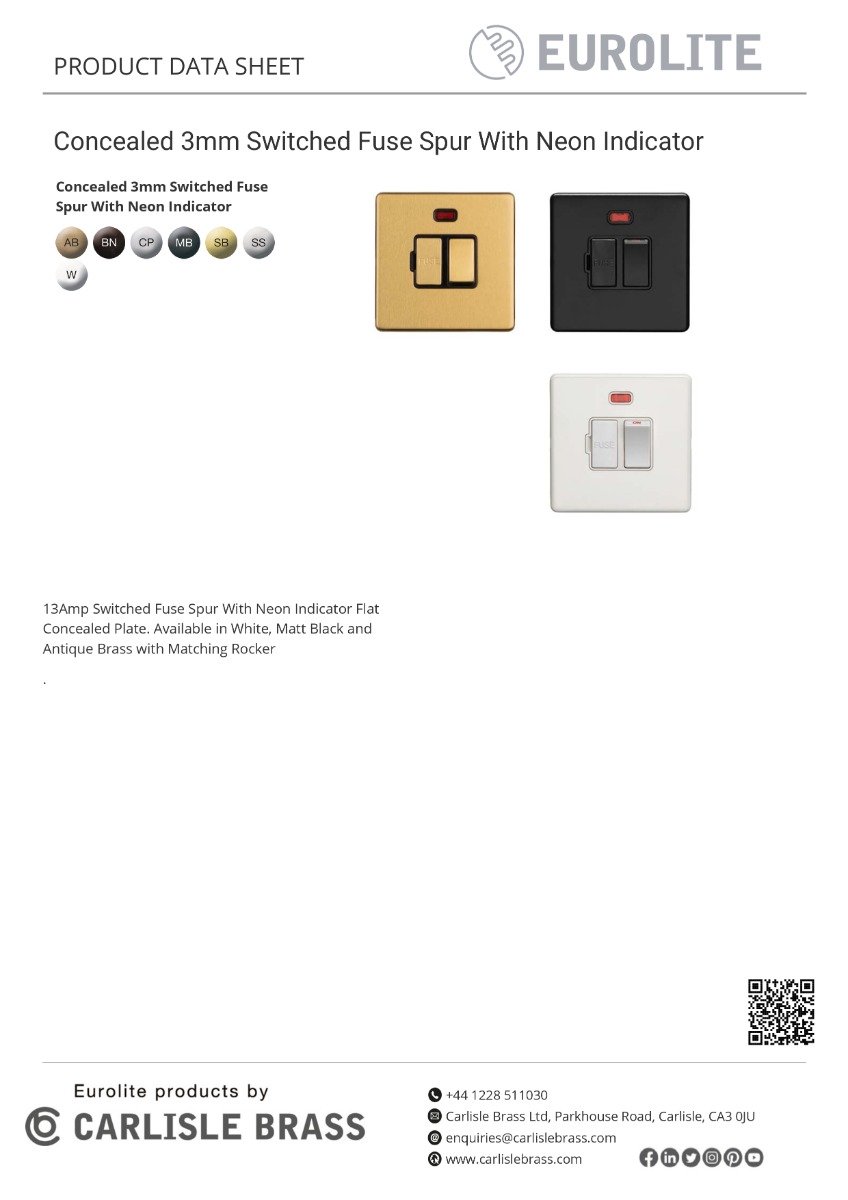 Eurolite Concealed 3mm 13Amp Switched Fuse Spur With Neon - Stainless Steel