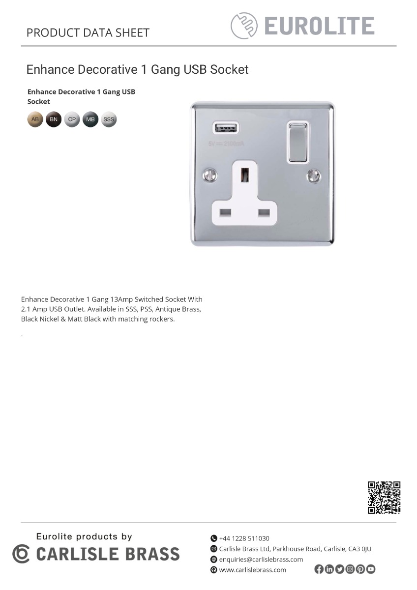 Eurolite Enhance Decorative 1 Gang Usb Socket - Satin Stainless