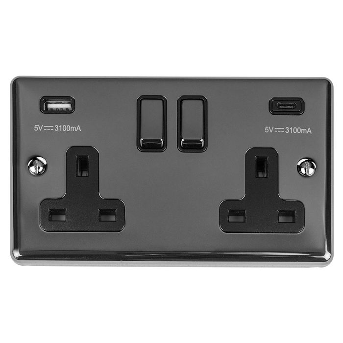 Eurolite Enhance Decorative 2 Gang 13Amp Switched Socket With Usb C Black Nickel - Black Nickel