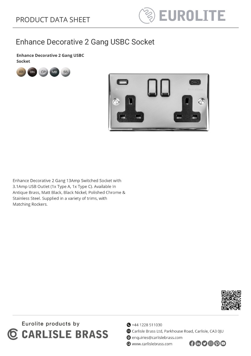 Eurolite Enhance Decorative 2 Gang 13Amp Switched Socket With Usb C Matt Black - Matt Black