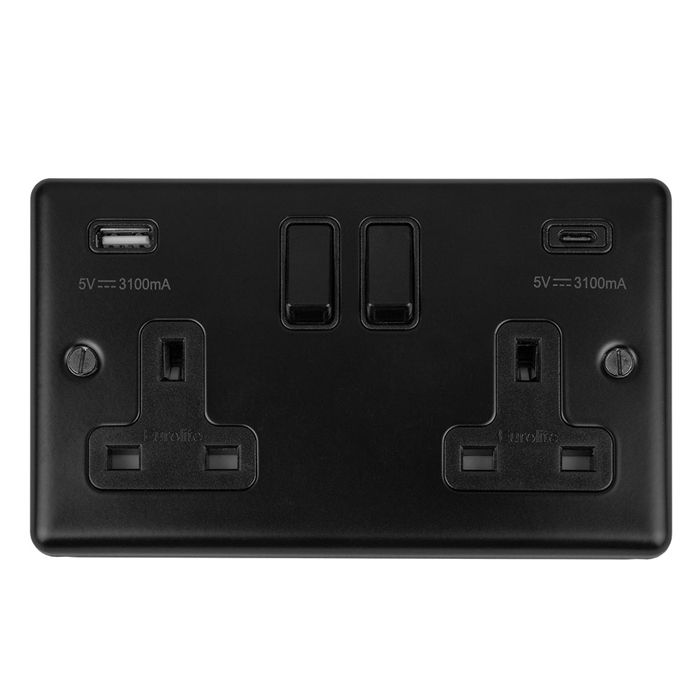 Eurolite Enhance Decorative 2 Gang 13Amp Switched Socket With Usb C Matt Black - Matt Black