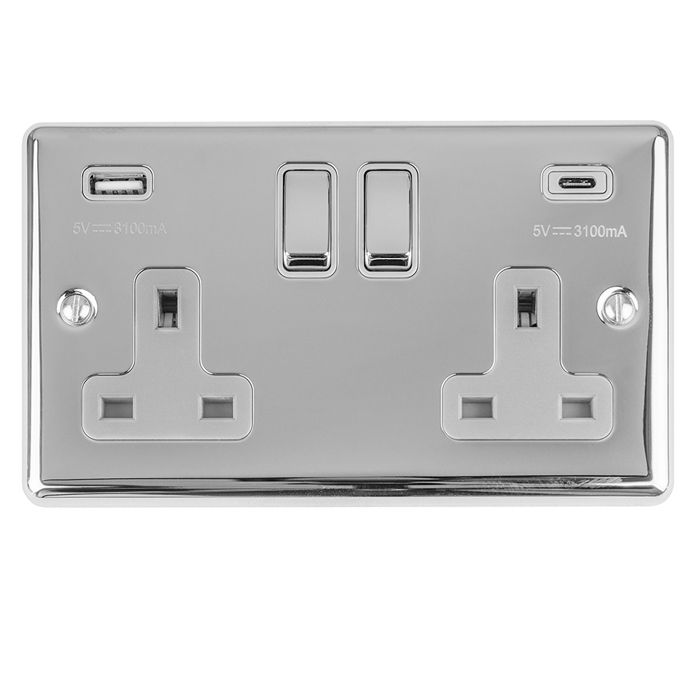 Eurolite Enhance Decorative 2 Gang 13Amp Switched Socket With Usb C Polished Chrome - Polished Chrome