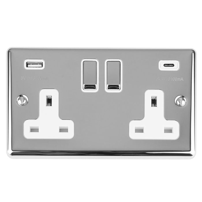 Eurolite Enhance Decorative 2 Gang 13Amp Switched Socket With Usb C Polished Chrome - Polished Chrome