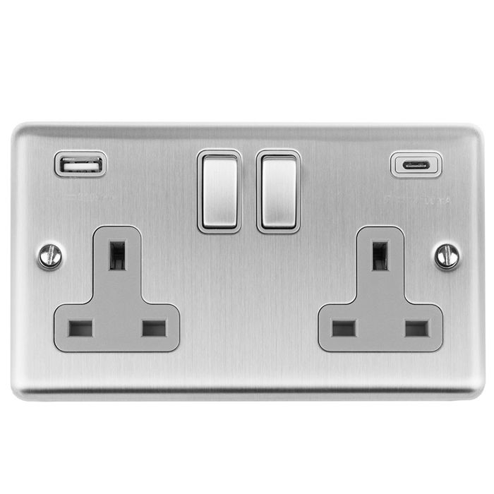 Eurolite Enhance Decorative 2 Gang 13Amp Switched Socket With Usb C Stainless Steel - Satin Stainless