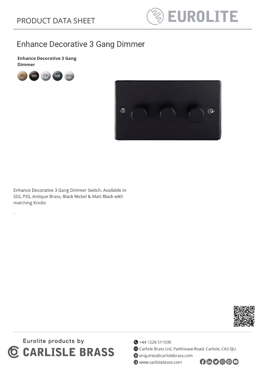 Eurolite Enhance Decorative 3 Gang Dimmer - Matt Black